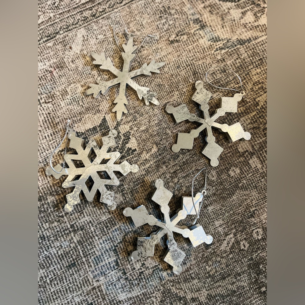 Lot of 4 rustic, galvanized metal snowflake ornaments
